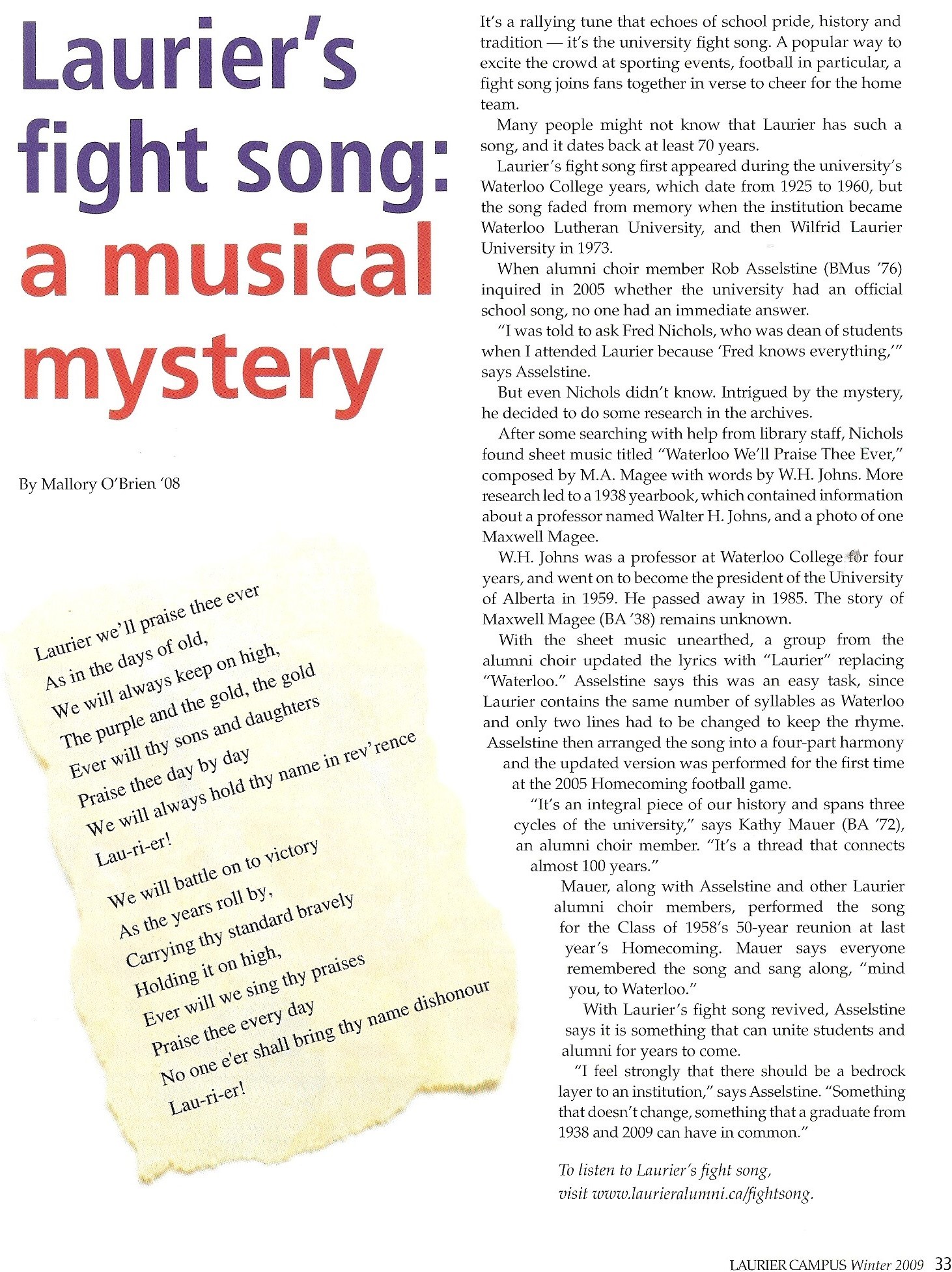 A scanned image of a copy of an article entitled "Laurier's Fight Song: A Musical Mystery".
